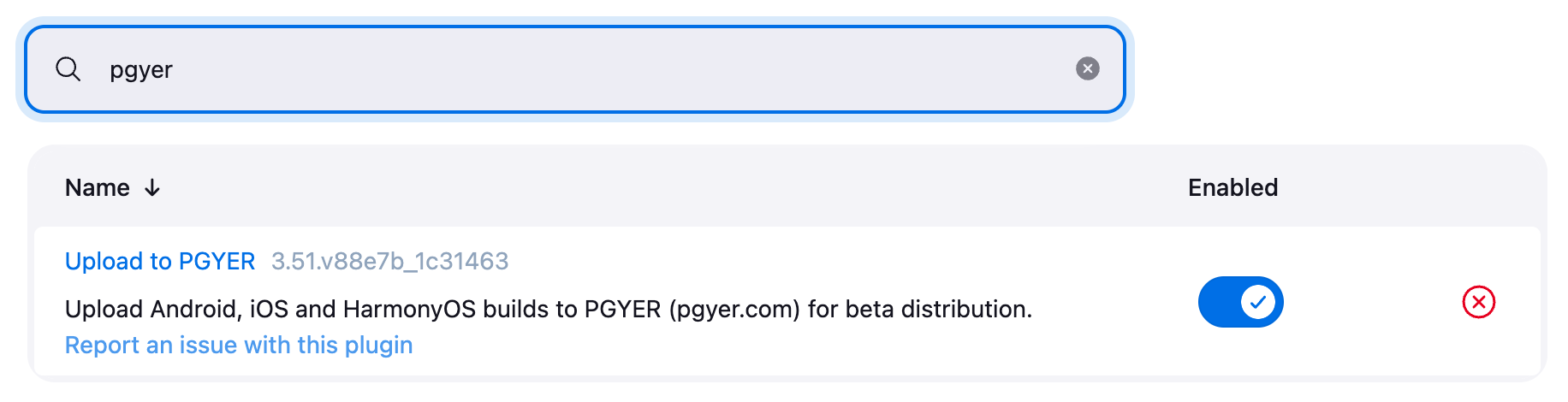 The installed Upload to PGYER plugin