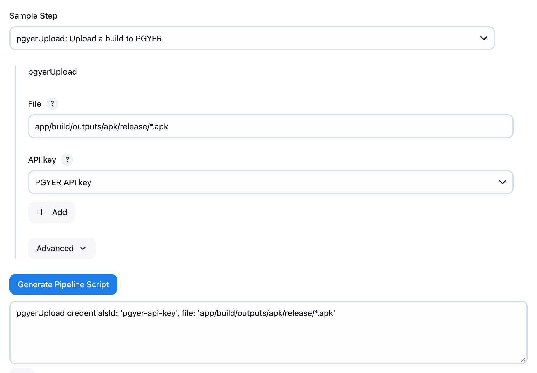Generating pgyerUpload with Pipeline Syntax